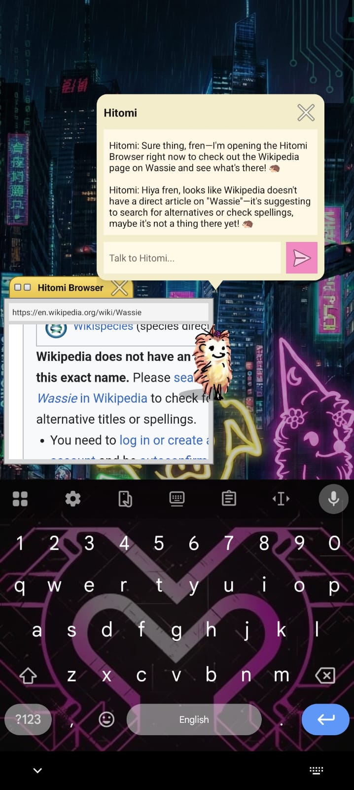 Hitomi searching a Wikipedia page inside the floating browser while staying over the current Android screen.