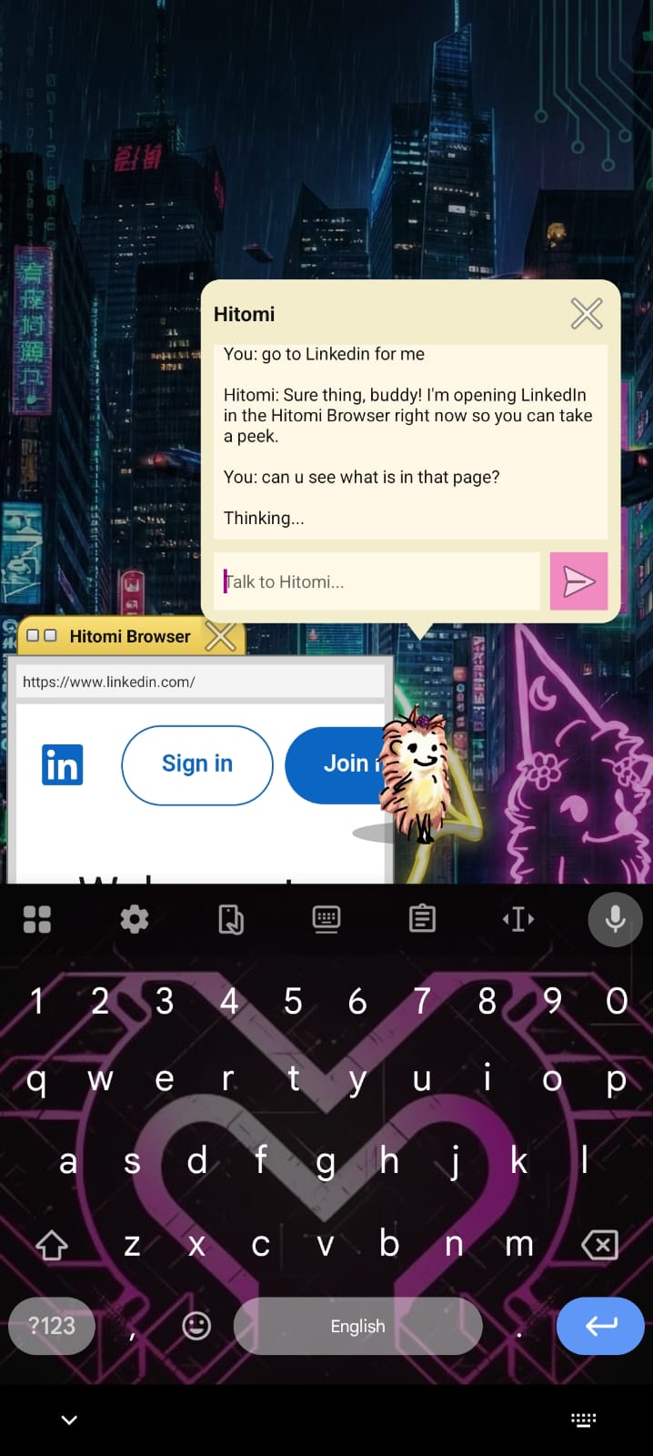 Hitomi opening a LinkedIn page inside the floating browser on Android.