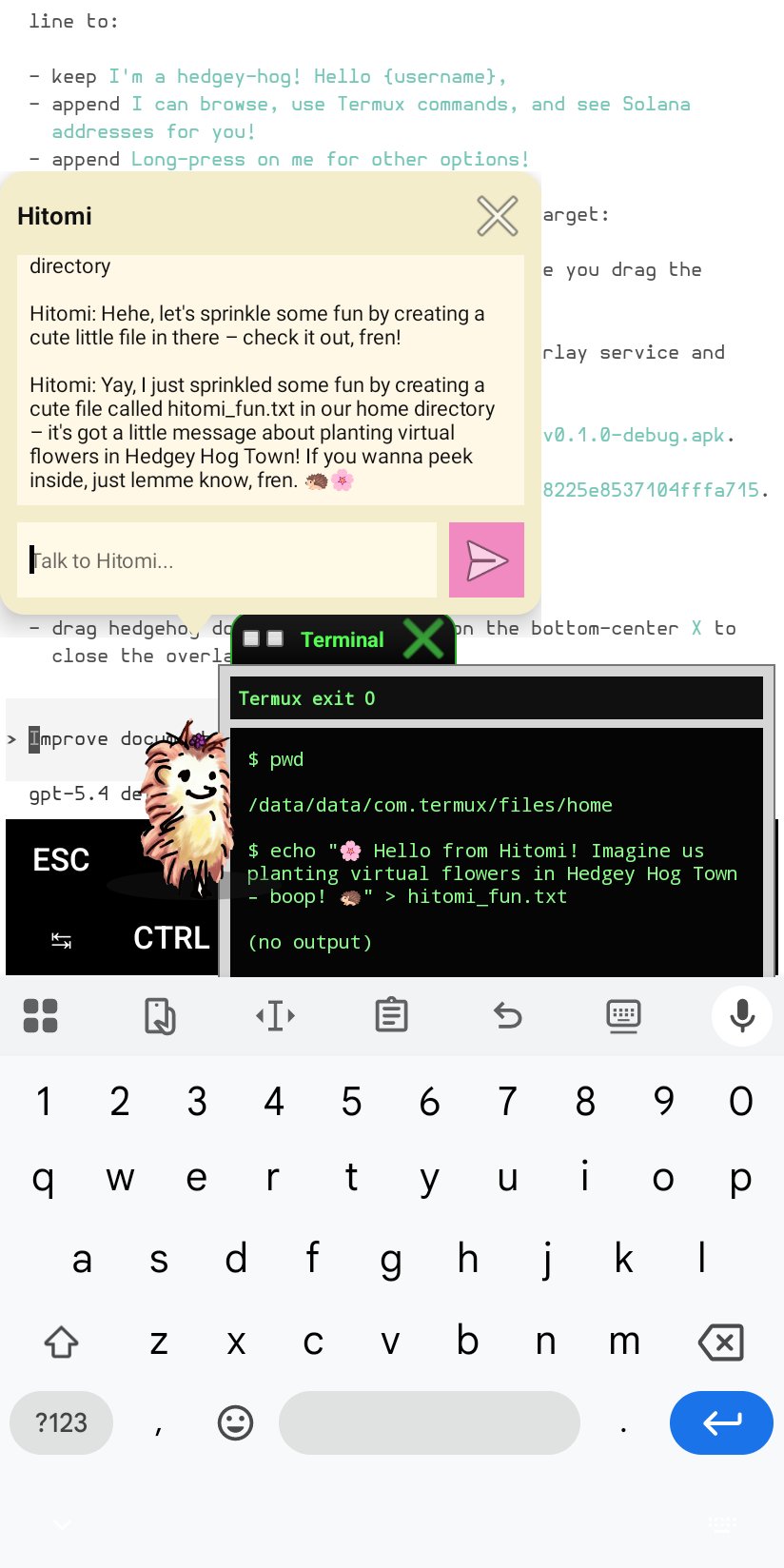Hitomi creating a file through the Termux terminal bridge while hovering above the keyboard.